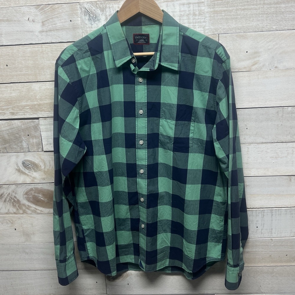 UNTUCKIT Bonarda Button Up Shirt Long Sleeve Green Blue Plaid Buffalo Men Large